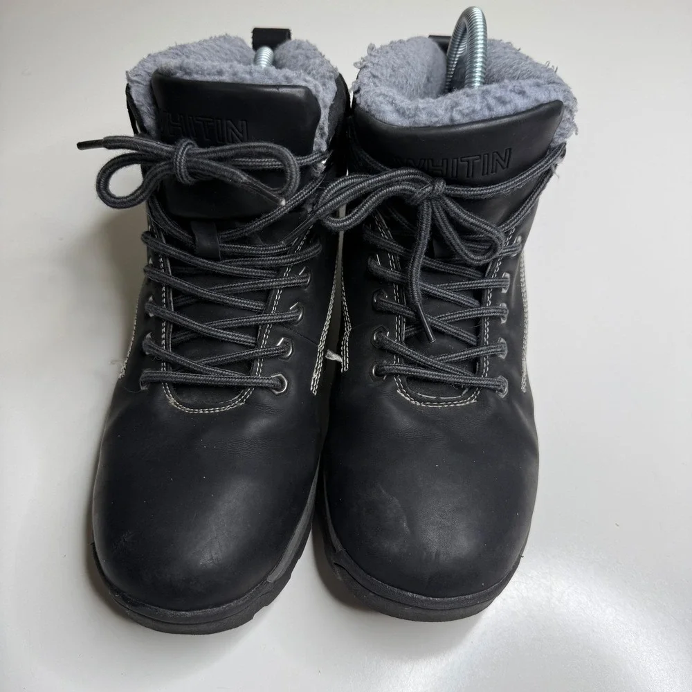 WHITIN Men's Black Faux Leather Winter‎ Boots Fur Lined Lace Warm Size 41 (US 8)